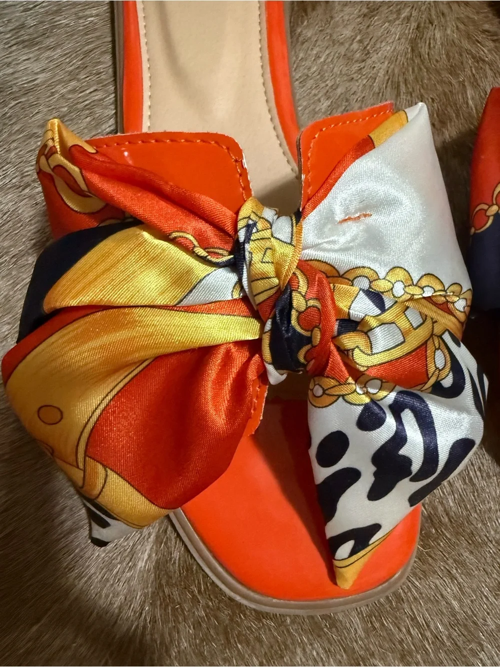 Never worn - Women’s Orange Bow Slide Sandals/Slides with Printed Scarf Accent